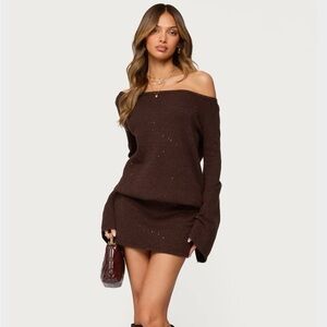 Edikted Chocolate Brown Off-Shoulder Mini Dress
